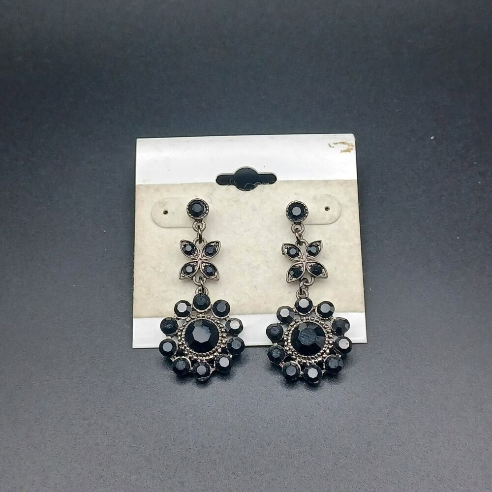 Gunmetal Black Drop Earrings Floral Statement Dangle Whimsigoth 2.25”